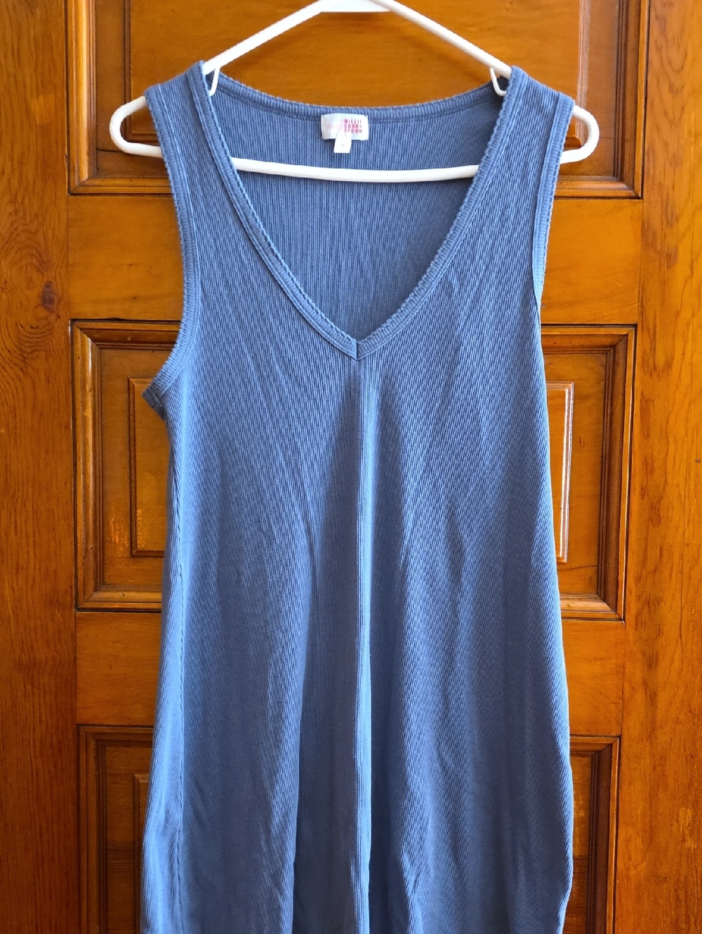 Sleeveless V-Neck Ribbed Tank Top Dress- Blue
